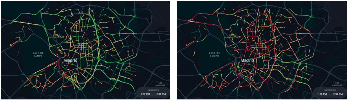 Mappa termica del traffico a Madrid alle ore 13 del 27 aprile e alle ore 13 del 28 aprile (dati Geotab)